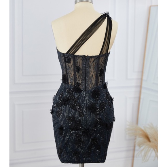 Sheath Tulle One-Shoulder Lace Corset Mini Dress - Picture 5 of 5